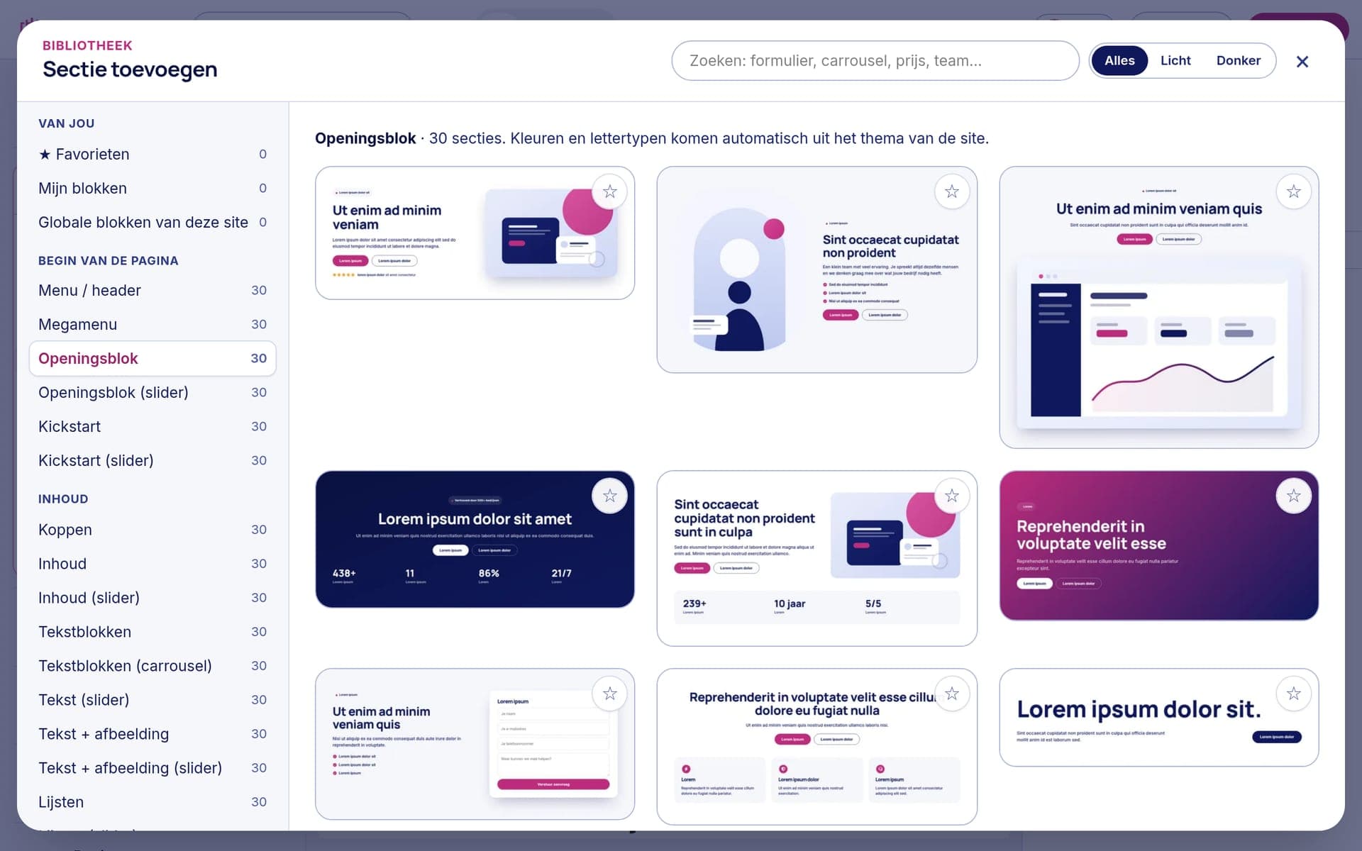 De sectiebibliotheek met kant-en-klare ontwerpen om aan een pagina toe te voegen