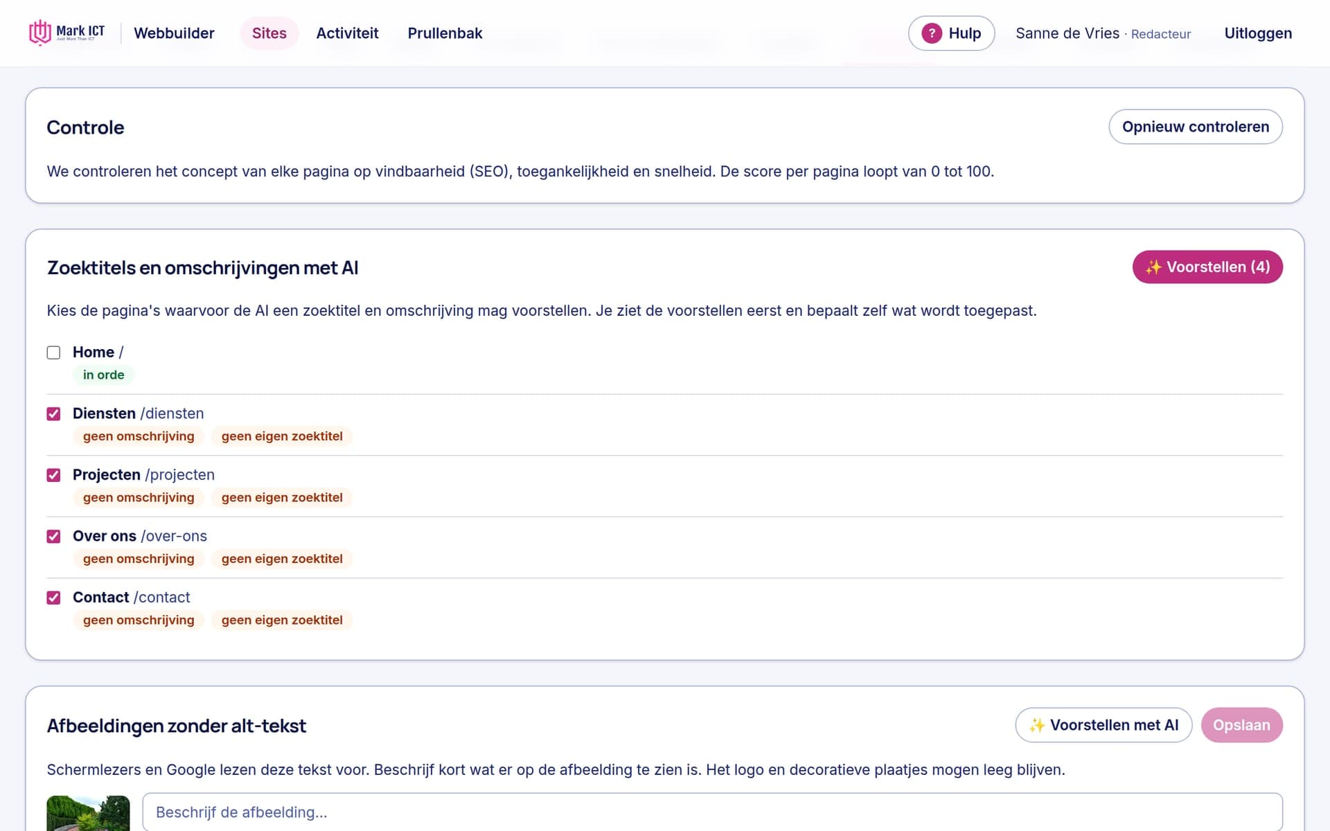 De controle van de webbuilder met adviezen voor zoektitels en omschrijvingen