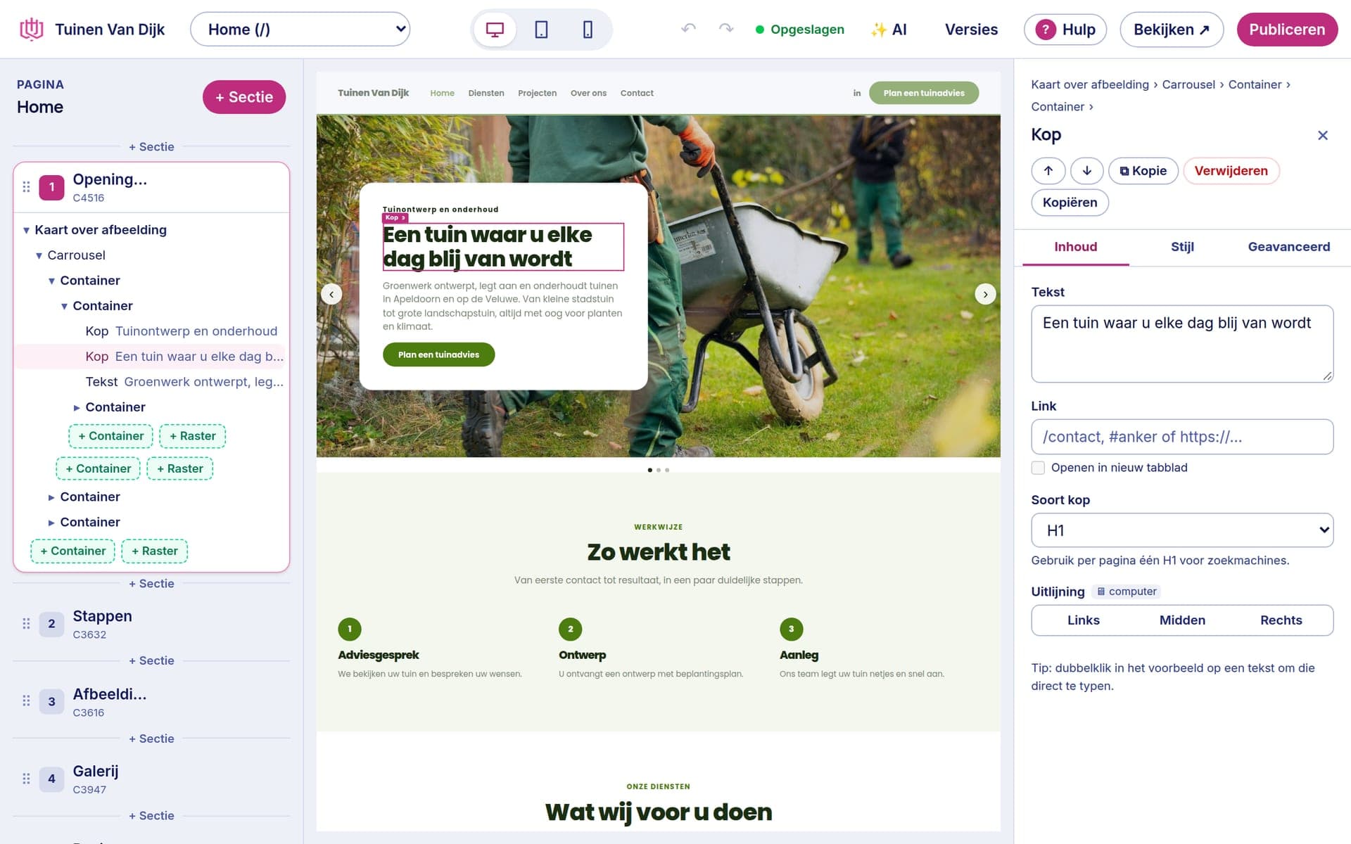 De visuele editor van de webbuilder met een hovenierswebsite: sectielijst, voorbeeld en eigenschappen
