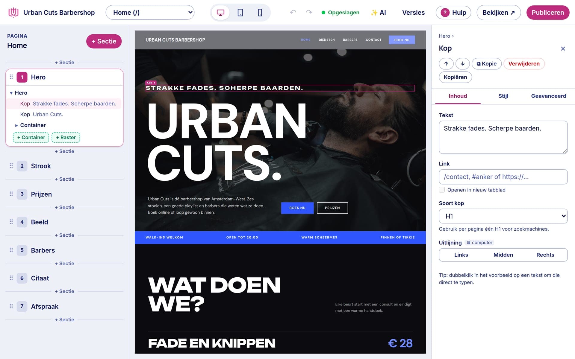 De visuele editor van de Mark ICT webbuilder met een barbershop-website: sectielijst links, voorbeeld in het midden en eigenschappen rechts