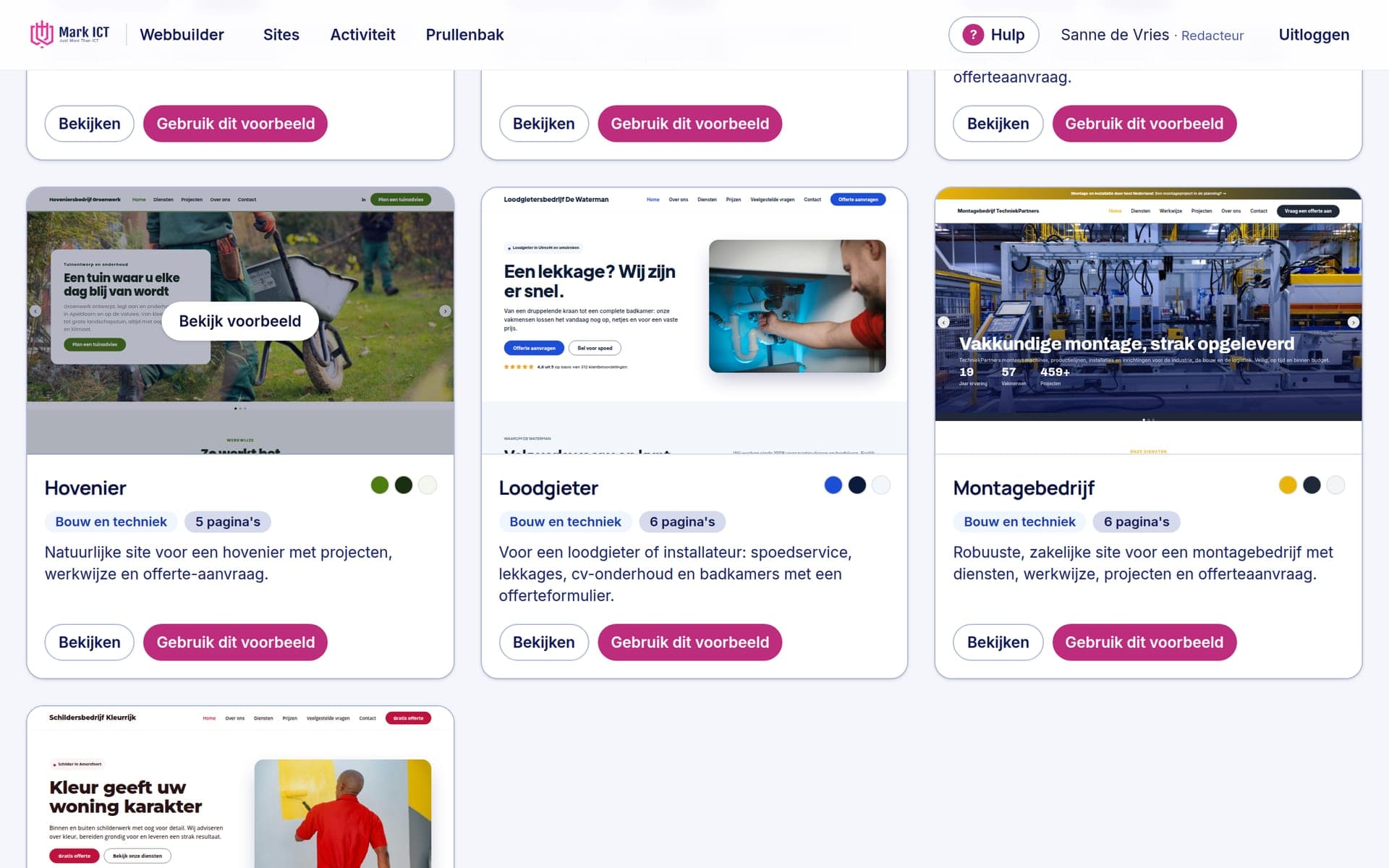 Overzicht van voorbeeldsites in de webbuilder, gefilterd op de categorie Bouw en techniek, met onder meer de hovenier